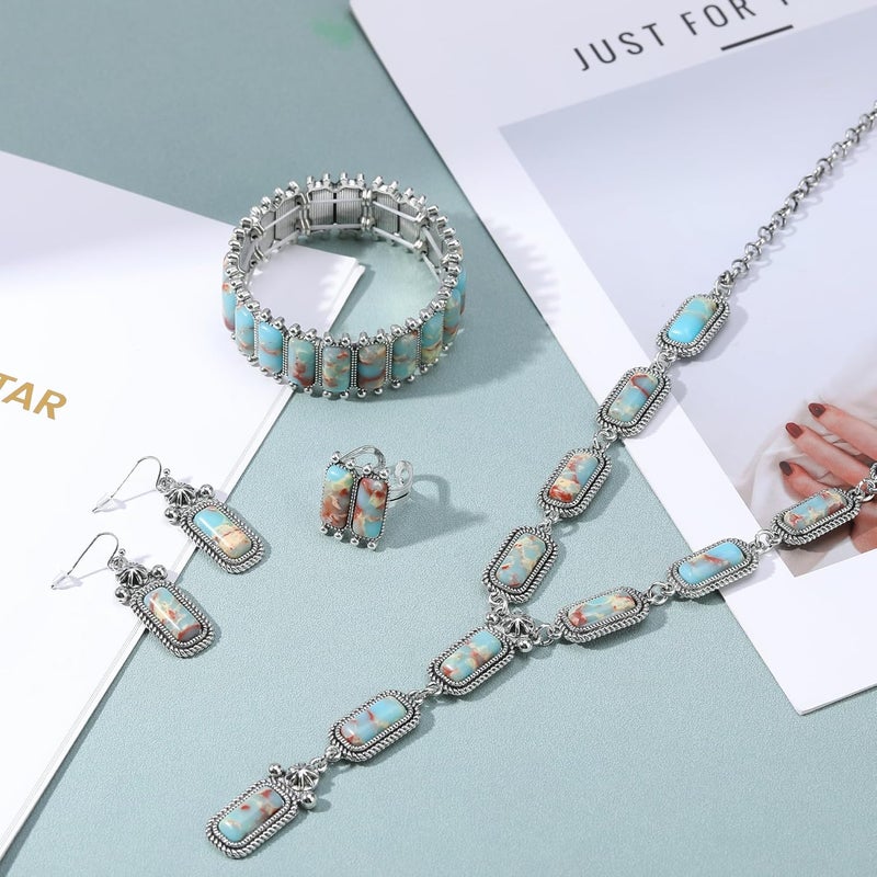 JMScape 4 PCS Western Turquoise Jewelry for Women Boho Vintage Navajo Pearl Necklace Earring Bracelet Ring Set Country Cowgirl Accessories for Gift - Image 3